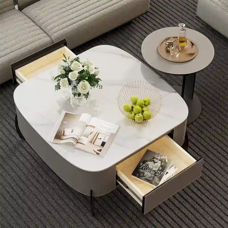 Table basse carrée moderne avec 2 tiroirs, table d'appoint blanche 31,5 Mecha Style (grandes et petites tables vendues séparément)-2
