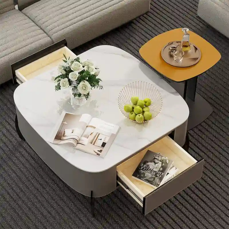 Table basse carrée moderne avec 2 tiroirs, table d'appoint blanche 31,5 Mecha Style (grandes et petites tables vendues séparément)-3