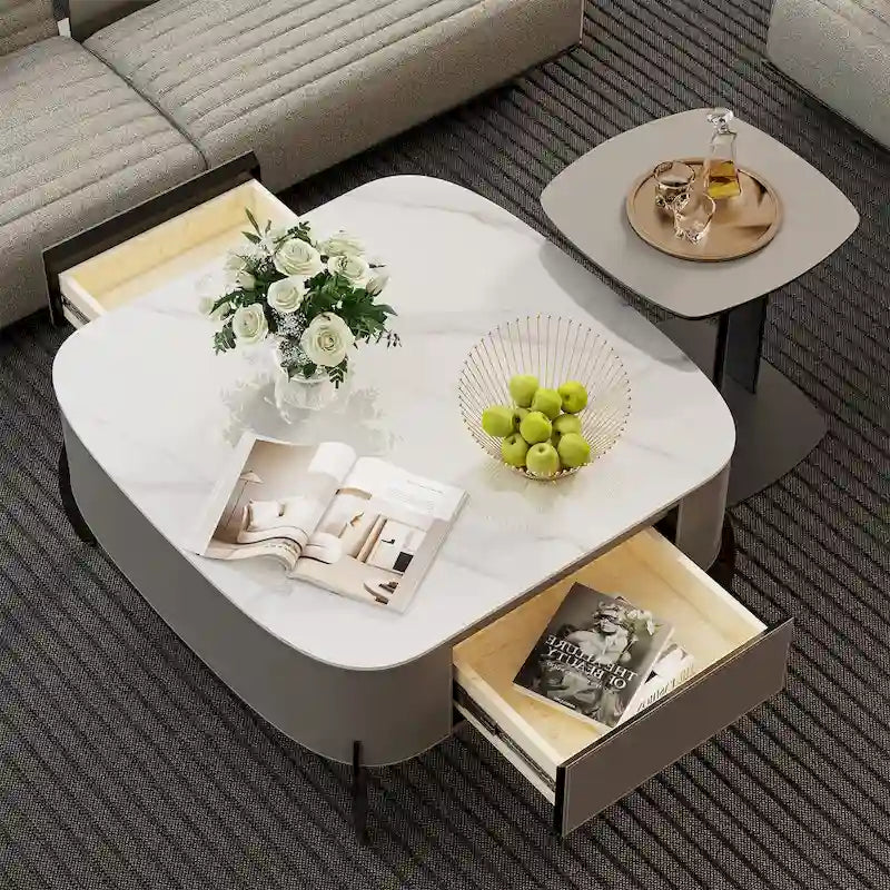 Table basse carrée moderne avec 2 tiroirs, table d'appoint blanche 31,5 Mecha Style (grandes et petites tables vendues séparément)-4