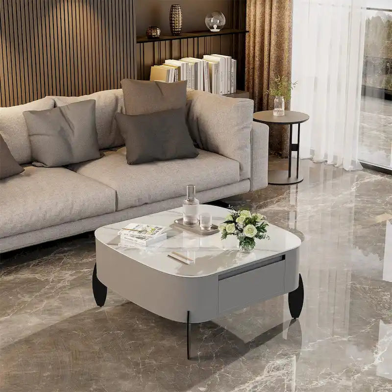 Table basse carrée moderne avec 2 tiroirs, table d'appoint blanche 31,5 Mecha Style (grandes et petites tables vendues séparément)-25