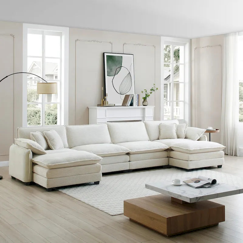 Canapé d'angle modulaire en velours côtelé en forme de U, 6 pièces, avec 2 poufs