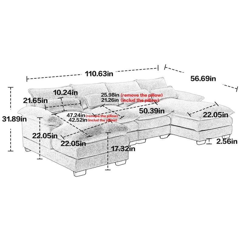Canapé d'angle modulaire moderne gris en forme de U, grand format, avec coussins amovibles et coussins décoratifs-16