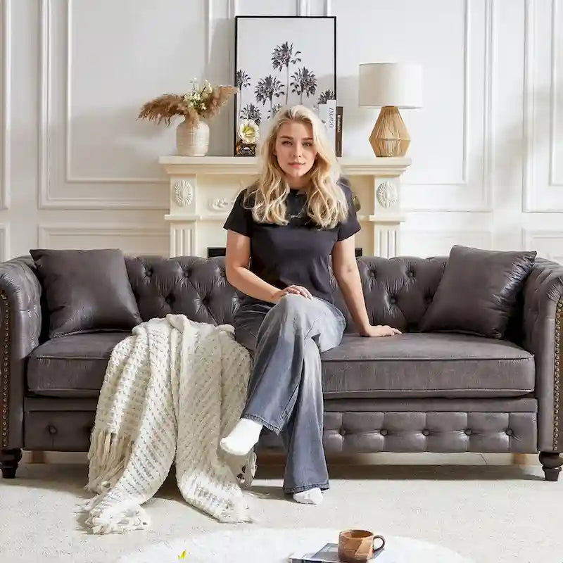 Canapé 3 places Chesterfield 85.5 en tissu technique avec coussins-18