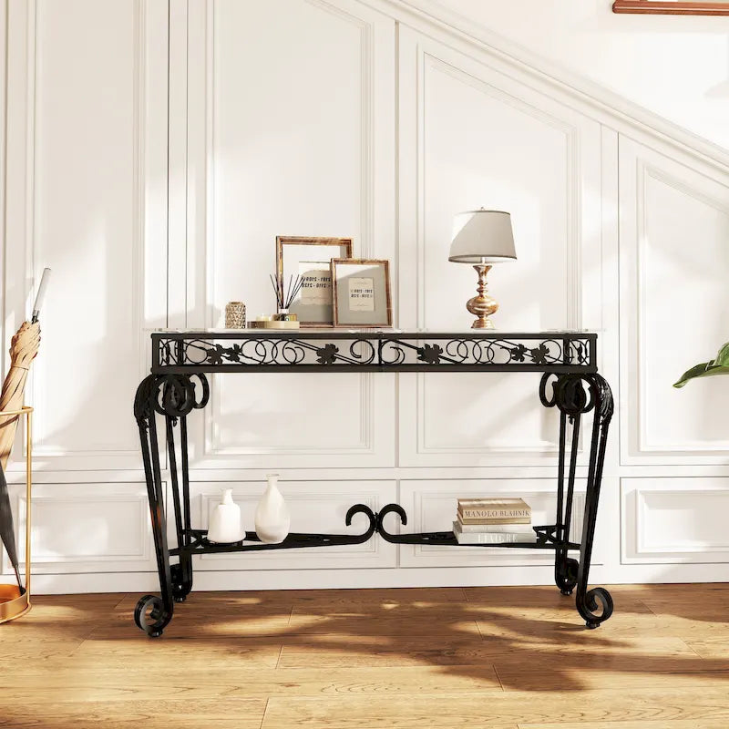 Console moderne en verre et métal pour entrée, avec rangement et montage facile-10