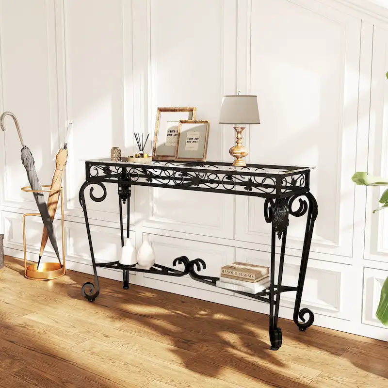 Console moderne en verre et métal pour entrée, avec rangement et montage facile-2