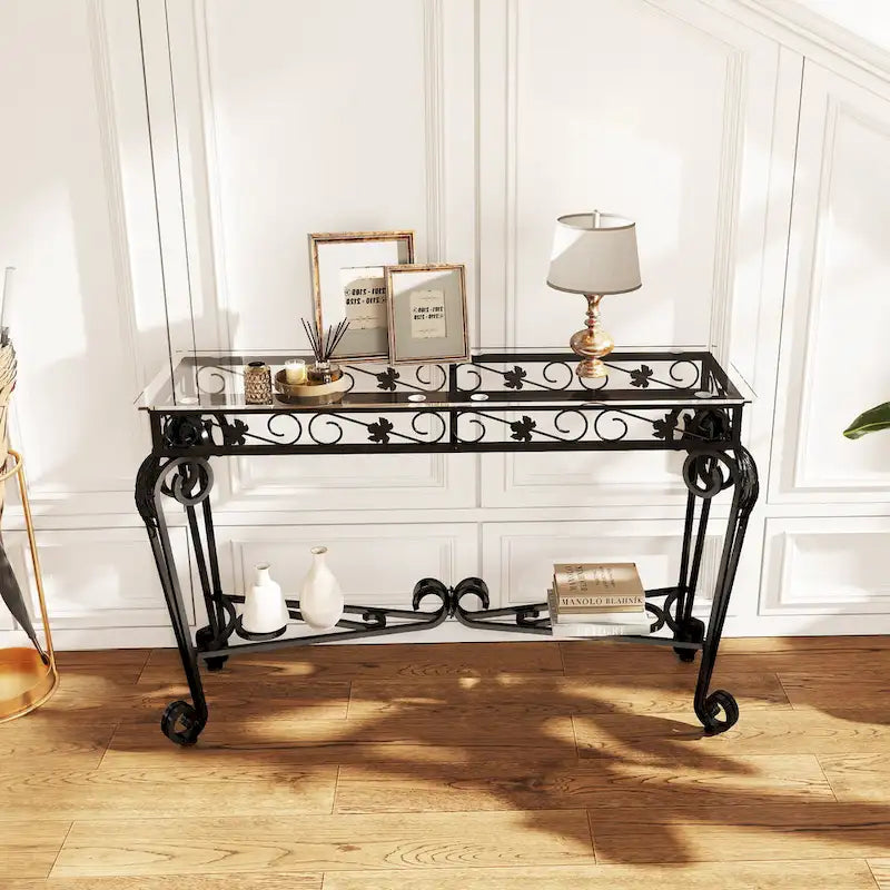 Console moderne en verre et métal pour entrée, avec rangement et montage facile-3