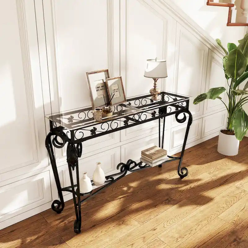 Console moderne en verre et métal pour entrée, avec rangement et montage facile-4