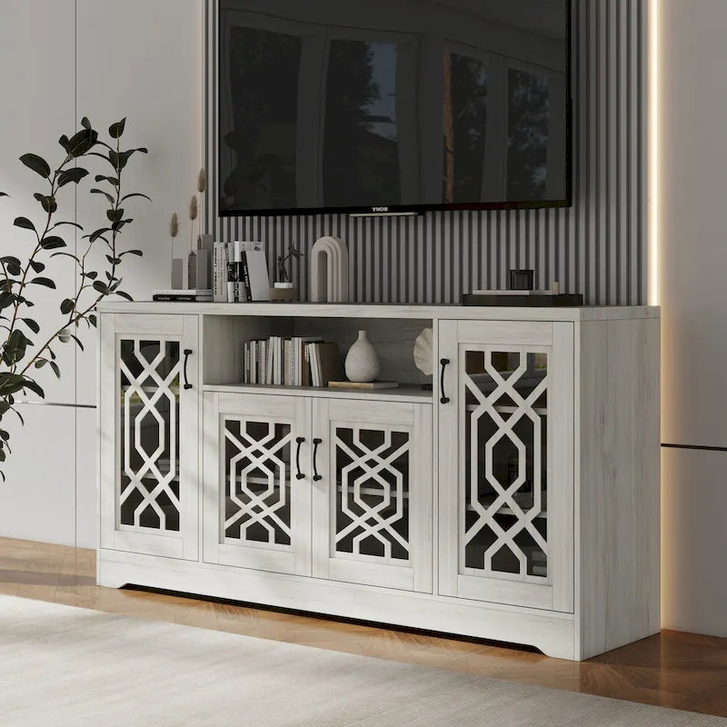 Meuble TV pour téléviseur de plus de 65 pouces, console multimédia rustique avec étagères de rangement, meuble TV en bois pour salon-15