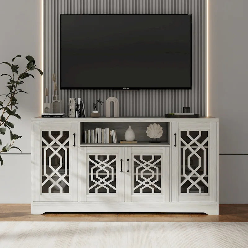 Meuble TV pour téléviseur de plus de 65 pouces, console multimédia rustique avec étagères de rangement, meuble TV en bois pour salon