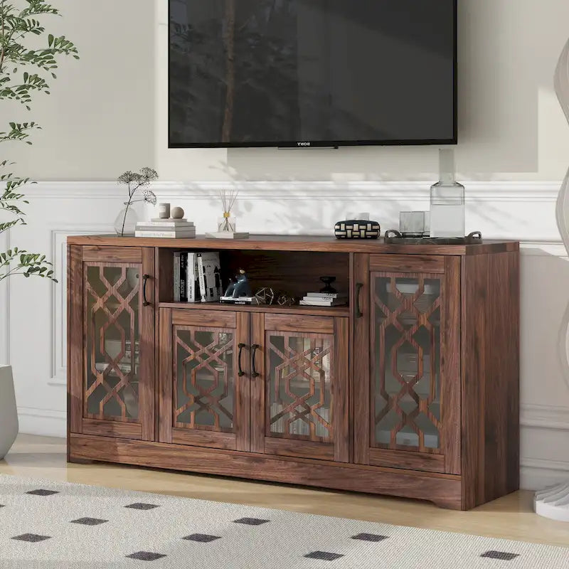 Meuble TV pour téléviseur de plus de 65 pouces, console multimédia rustique avec étagères de rangement, meuble TV en bois pour salon-8
