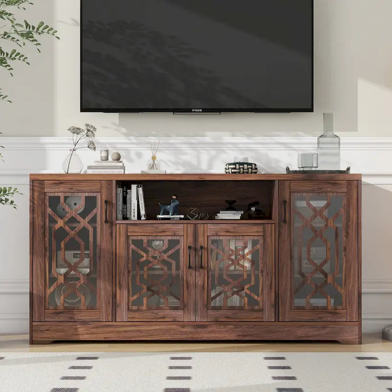Meuble TV pour téléviseur de plus de 65 pouces, console multimédia rustique avec étagères de rangement, meuble TV en bois pour salon-9