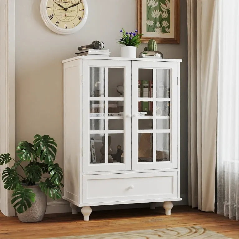 Buffet minimaliste avec double porte vitrée et tiroir, meuble de rangement en bois pour salon ou entrée.-19