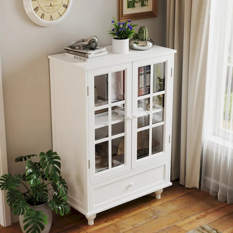 Buffet minimaliste avec double porte vitrée et tiroir, meuble de rangement en bois pour salon ou entrée.-2