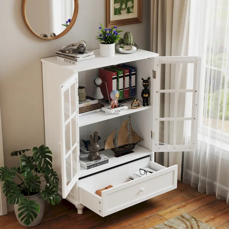 Buffet minimaliste avec double porte vitrée et tiroir, meuble de rangement en bois pour salon ou entrée.-3