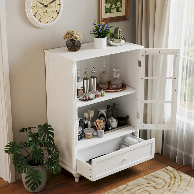 Buffet minimaliste avec double porte vitrée et tiroir, meuble de rangement en bois pour salon ou entrée.-4