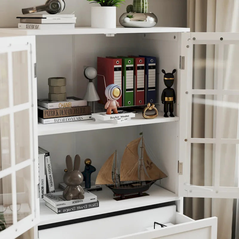 Buffet minimaliste avec double porte vitrée et tiroir, meuble de rangement en bois pour salon ou entrée.-5
