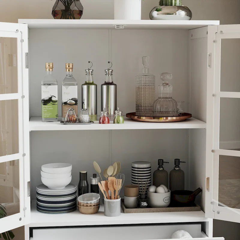 Buffet minimaliste avec double porte vitrée et tiroir, meuble de rangement en bois pour salon ou entrée.-6