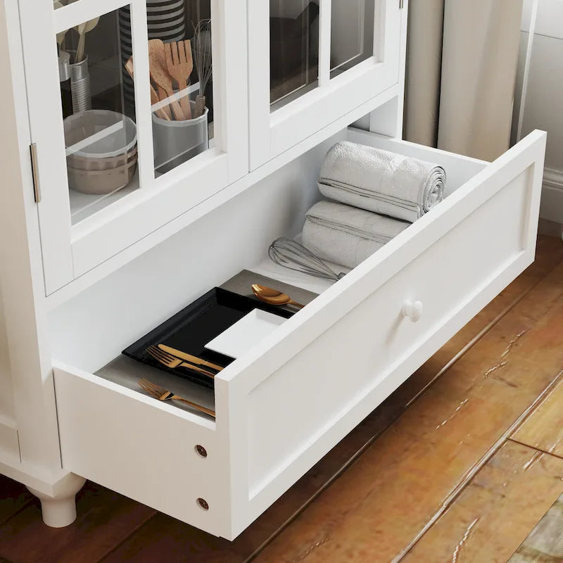 Buffet minimaliste avec double porte vitrée et tiroir, meuble de rangement en bois pour salon ou entrée.-7