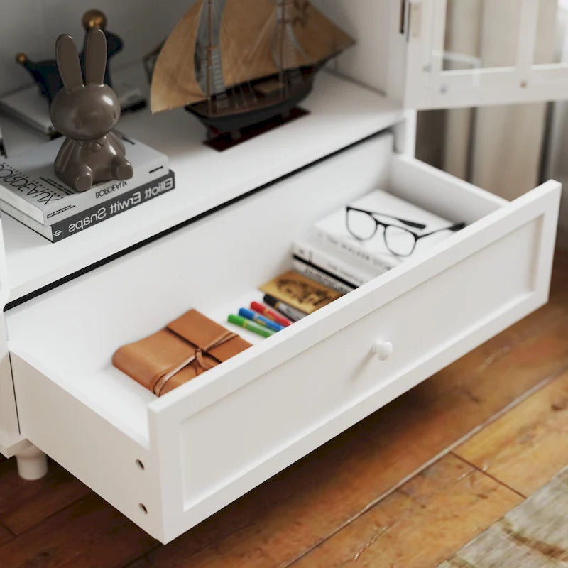 Buffet minimaliste avec double porte vitrée et tiroir, meuble de rangement en bois pour salon ou entrée.-8