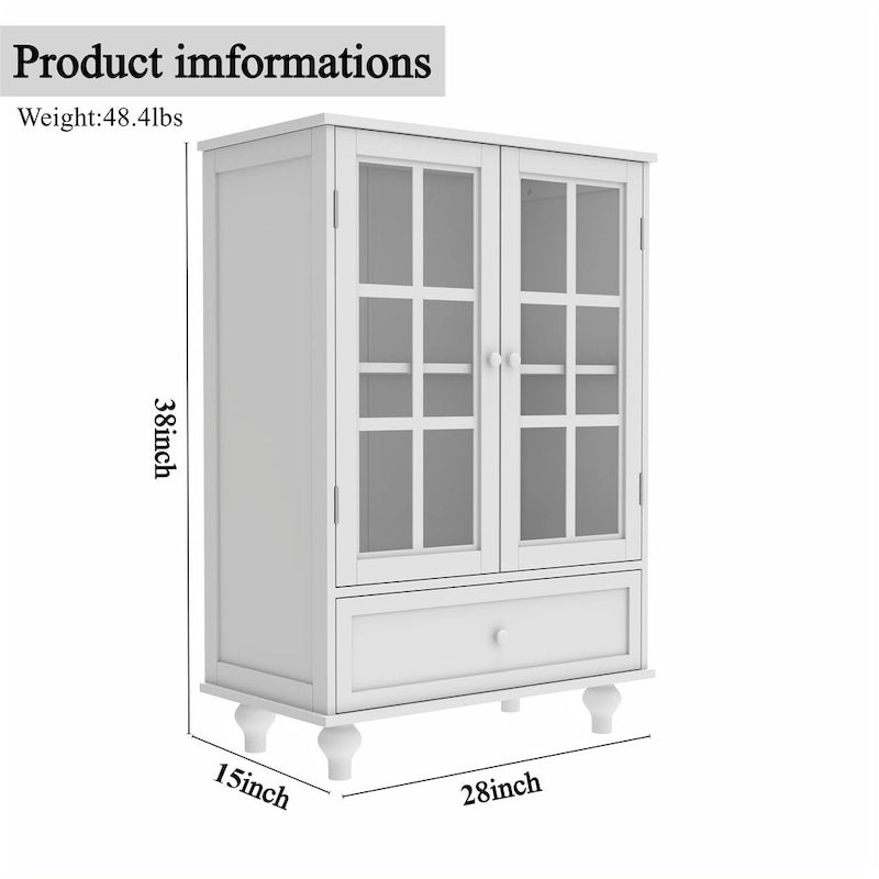 Buffet minimaliste avec double porte vitrée et tiroir, meuble de rangement en bois pour salon ou entrée.-9