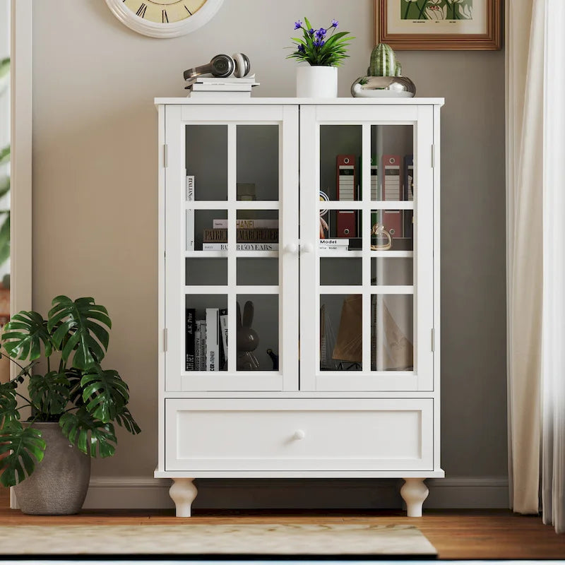Buffet minimaliste avec double porte vitrée et tiroir, meuble de rangement en bois pour salon ou entrée.-10