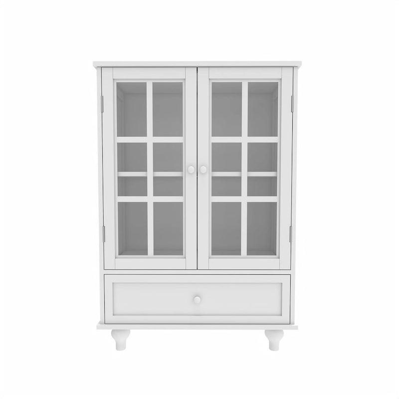 Buffet minimaliste avec double porte vitrée et tiroir, meuble de rangement en bois pour salon ou entrée.-11