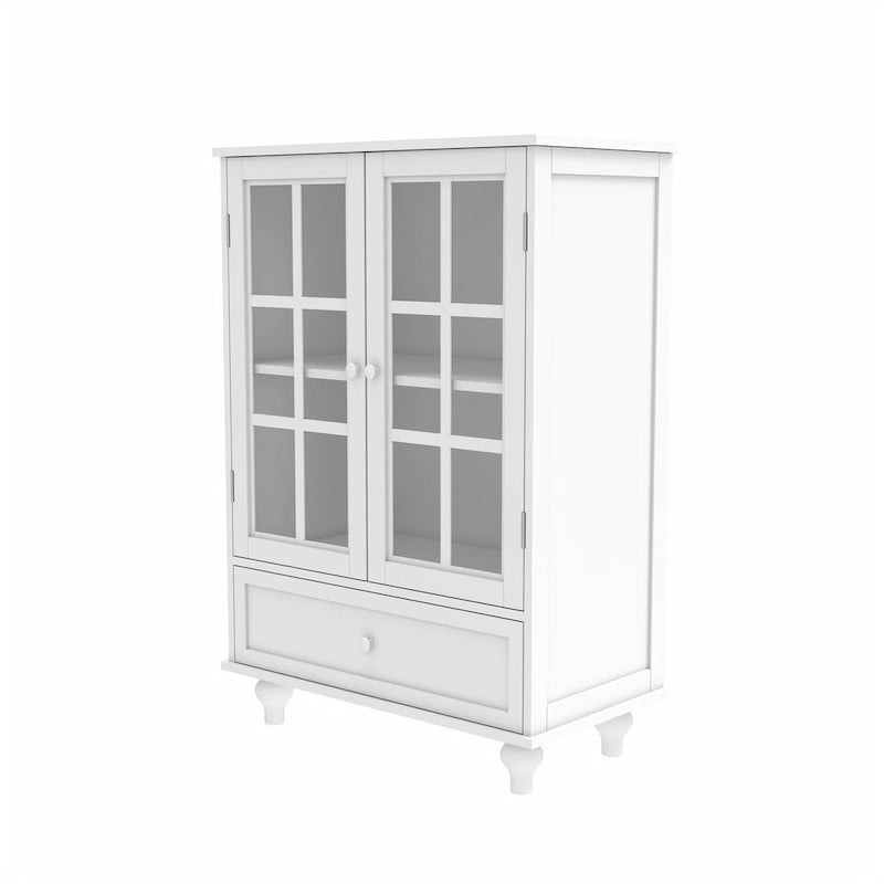 Buffet minimaliste avec double porte vitrée et tiroir, meuble de rangement en bois pour salon ou entrée.-12