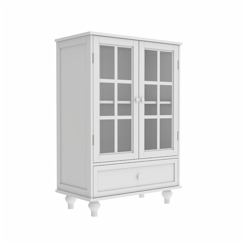 Buffet minimaliste avec double porte vitrée et tiroir, meuble de rangement en bois pour salon ou entrée.-13
