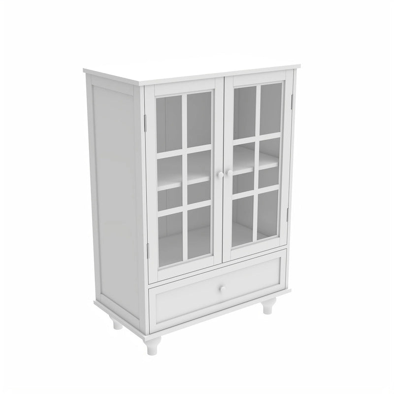 Buffet minimaliste avec double porte vitrée et tiroir, meuble de rangement en bois pour salon ou entrée.-14
