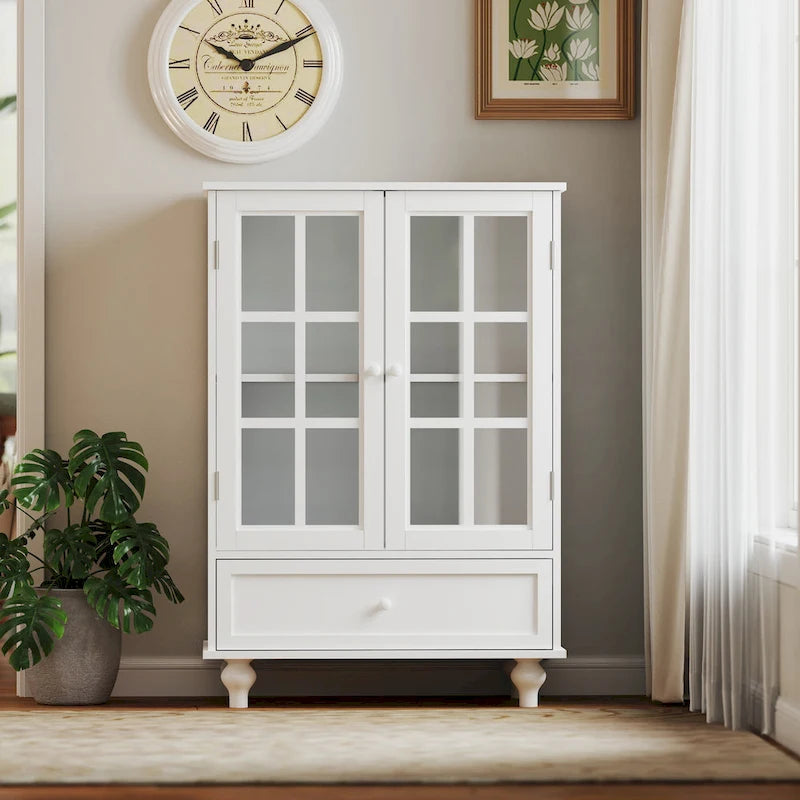 Buffet minimaliste avec double porte vitrée et tiroir, meuble de rangement en bois pour salon ou entrée.-16