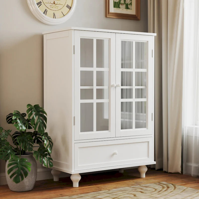 Buffet minimaliste avec double porte vitrée et tiroir, meuble de rangement en bois pour salon ou entrée.-17