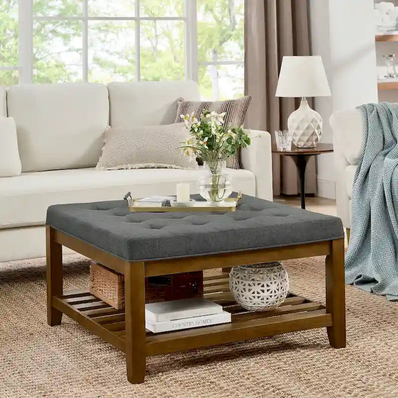 Table basse capitonnée en lin, grand pouf carré avec étagère et cadre en bois de hêtre, repose-pieds surdimensionné-9