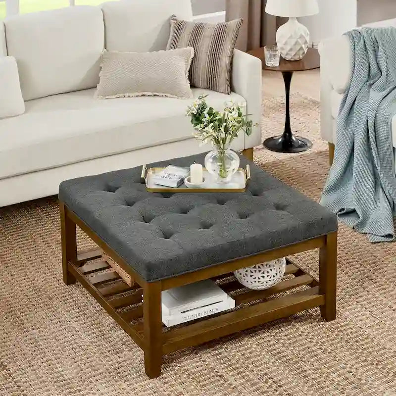 Table basse capitonnée en lin, grand pouf carré avec étagère et cadre en bois de hêtre, repose-pieds surdimensionné-2