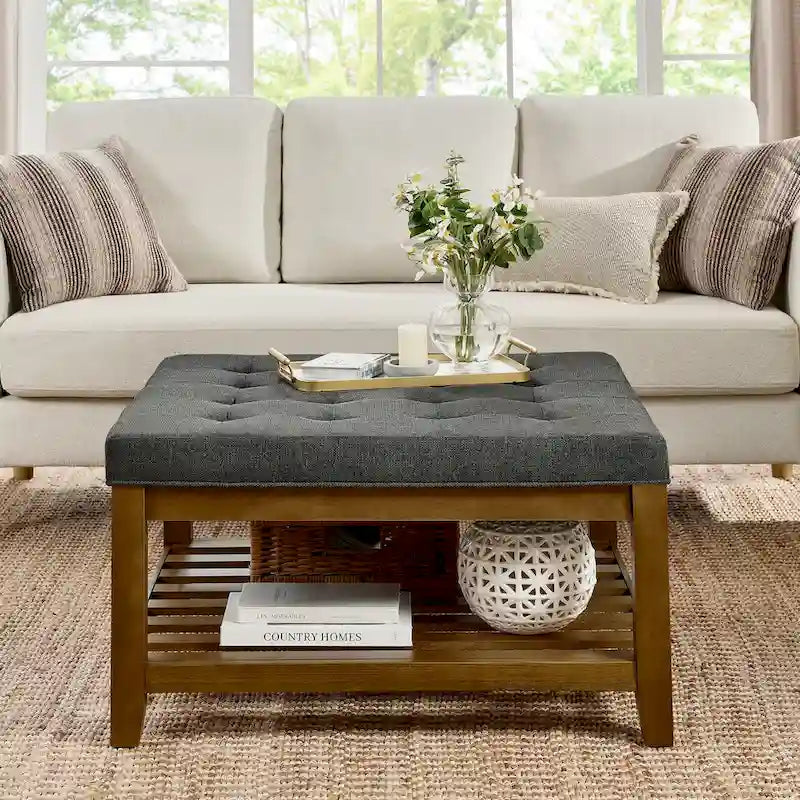 Table basse capitonnée en lin, grand pouf carré avec étagère et cadre en bois de hêtre, repose-pieds surdimensionné-3