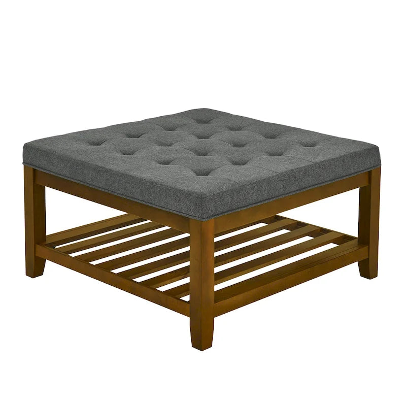Table basse capitonnée en lin, grand pouf carré avec étagère et cadre en bois de hêtre, repose-pieds surdimensionné-4