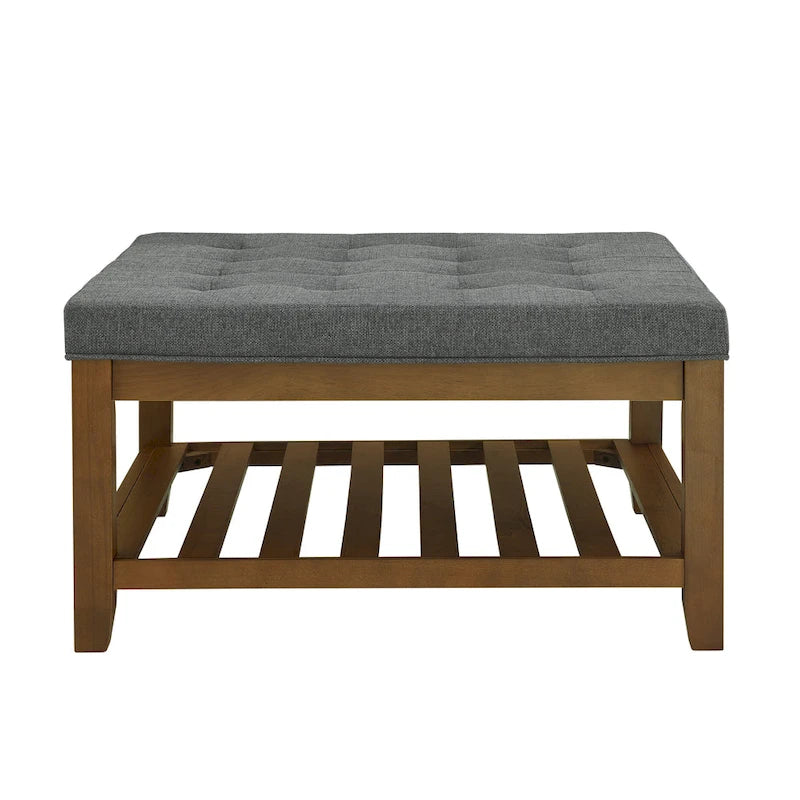 Table basse capitonnée en lin, grand pouf carré avec étagère et cadre en bois de hêtre, repose-pieds surdimensionné-5