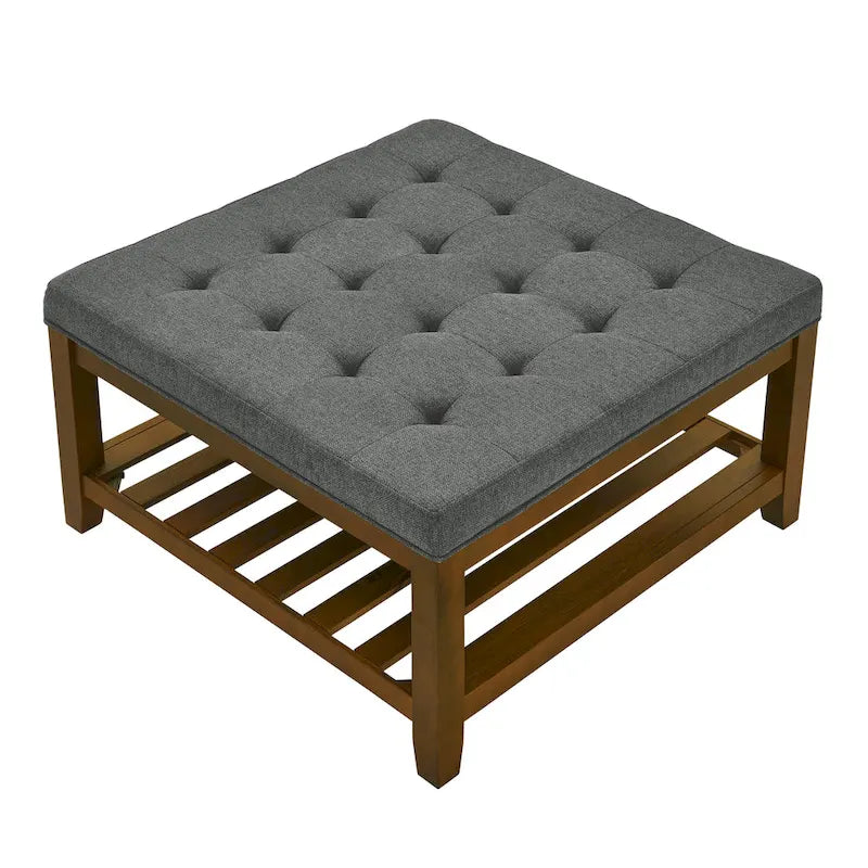 Table basse capitonnée en lin, grand pouf carré avec étagère et cadre en bois de hêtre, repose-pieds surdimensionné-6