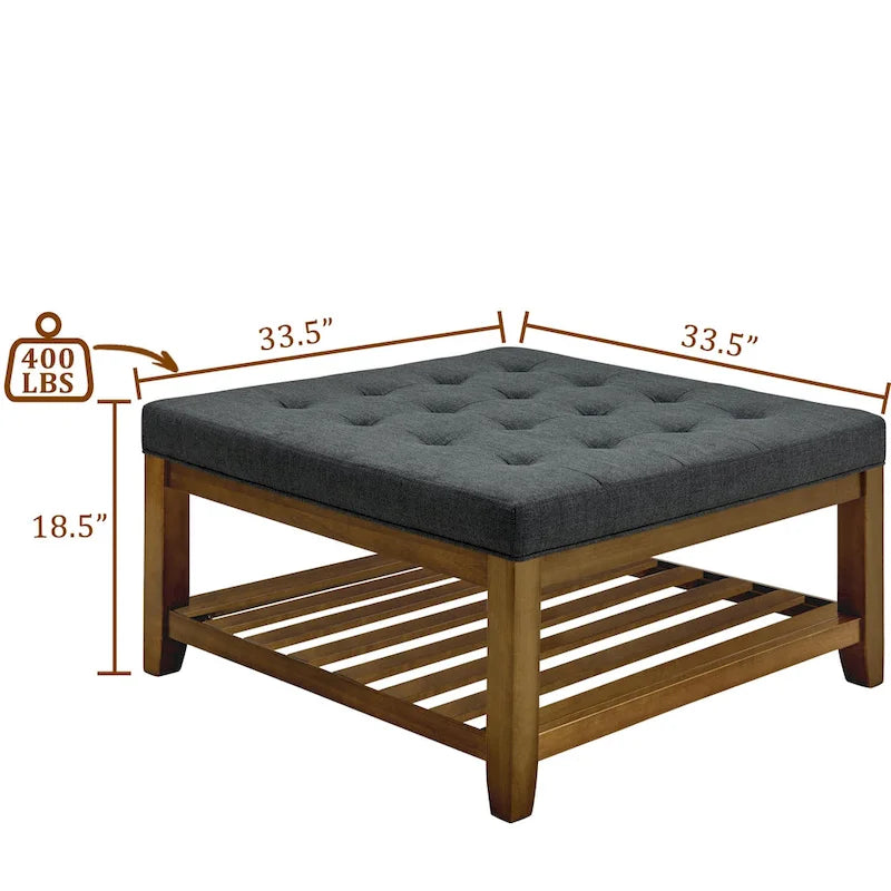 Table basse capitonnée en lin, grand pouf carré avec étagère et cadre en bois de hêtre, repose-pieds surdimensionné-8