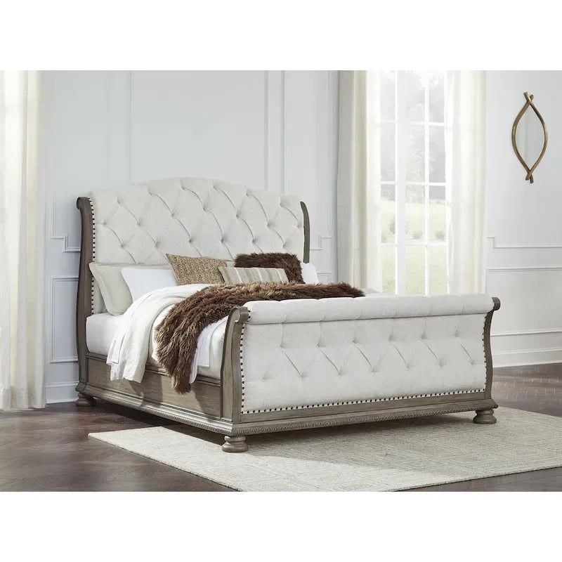 Signature Design by Ashley Ardenfield Light Brown/Beige Upholstered Sleigh Bed