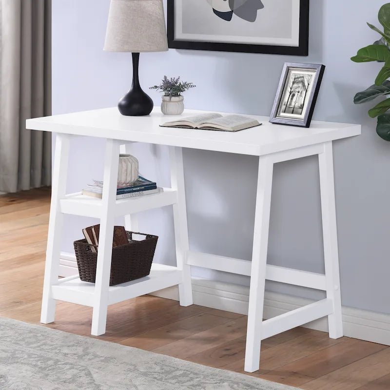 Bureau d'ordinateur moderne avec étagères de rangement ouvertes et pieds en bois d'hévéa pour bureau à domicile ou chambre à coucher-6