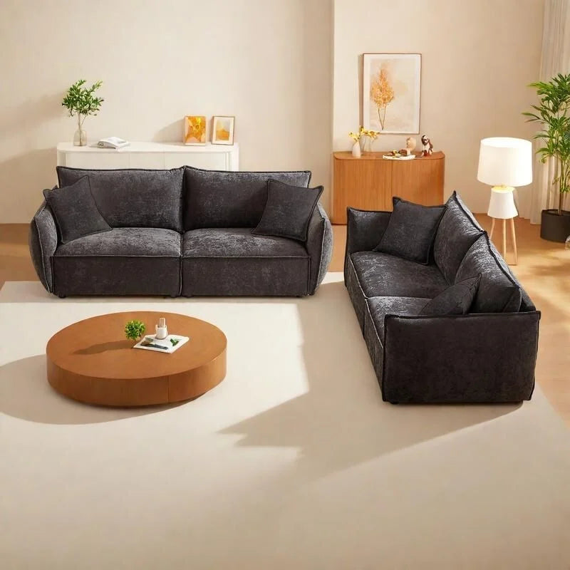 Ensemble canapé modulable 6 places en lin avec combinaison 3+3 places, structure en bois et 4 coussins-22