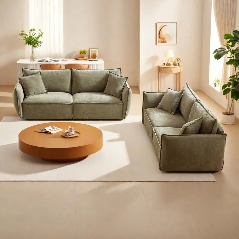 Ensemble canapé modulable 6 places en lin avec combinaison 3+3 places, structure en bois et 4 coussins-23