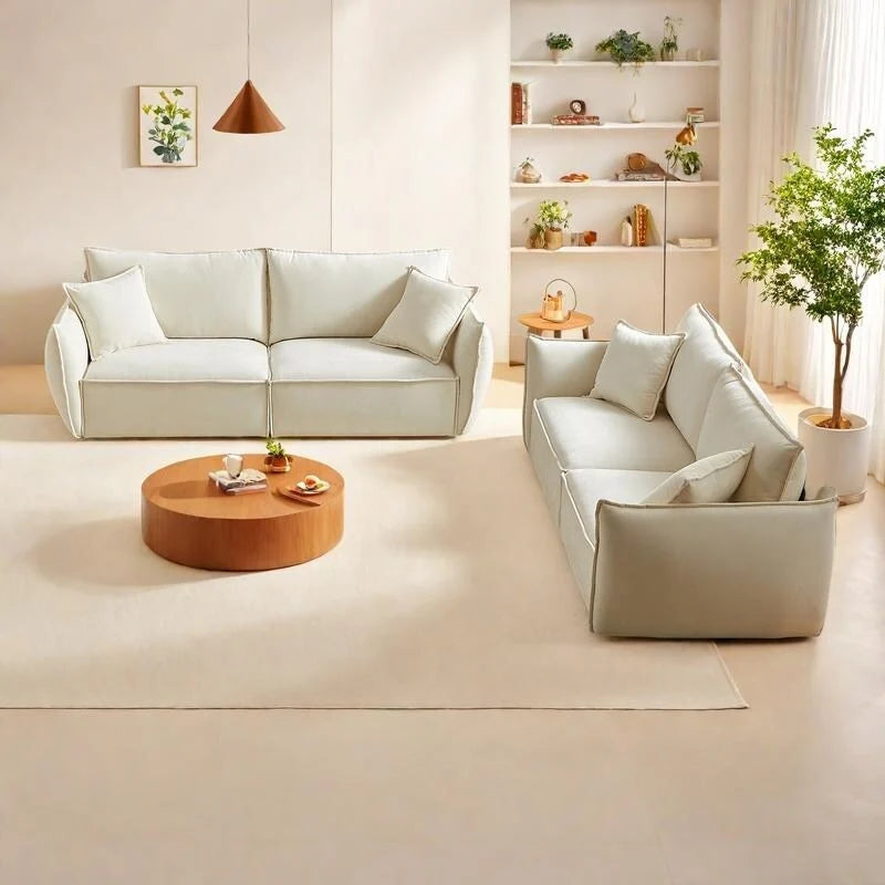 Ensemble canapé modulable 6 places en lin avec combinaison 3+3 places, structure en bois et 4 coussins-24