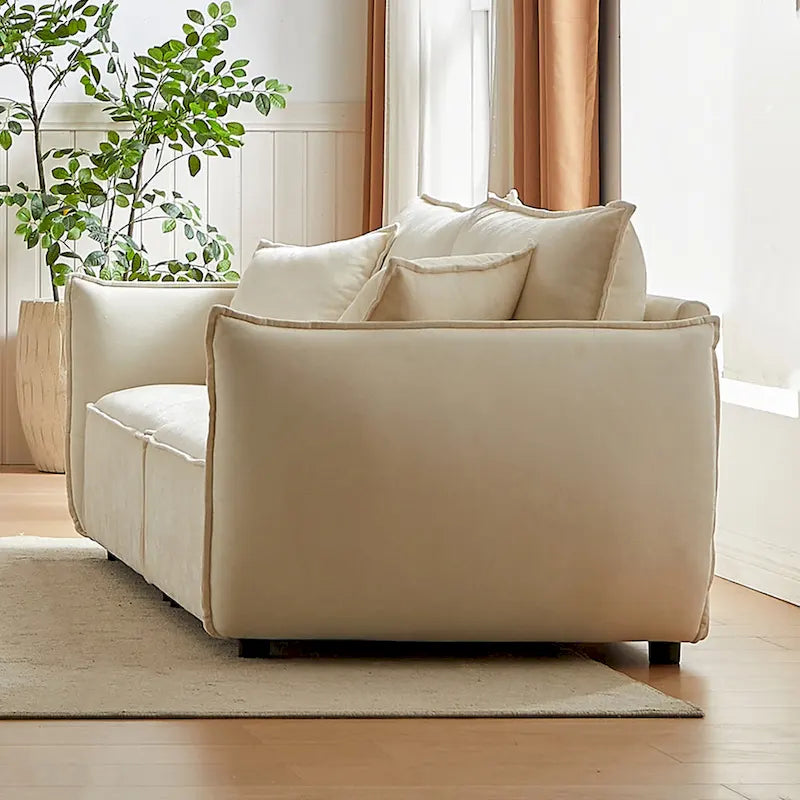 Ensemble canapé modulable 6 places en lin avec combinaison 3+3 places, structure en bois et 4 coussins