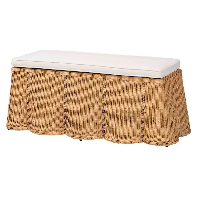 Pouf rectangulaire en rotin naturel Palm Scallop avec coussin - Banc en osier tressé à la main pour salon ou chambre, style bohème bord de mer