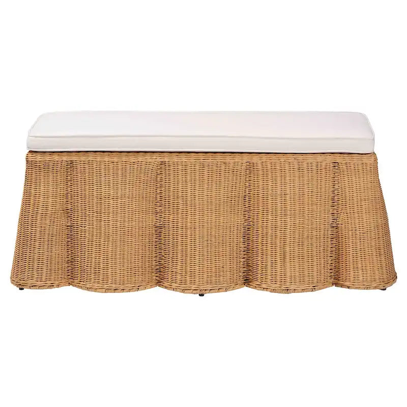 Pouf rectangulaire en rotin naturel Palm Scallop avec coussin - Banc en osier tressé à la main pour salon ou chambre, style bohème bord de mer-3