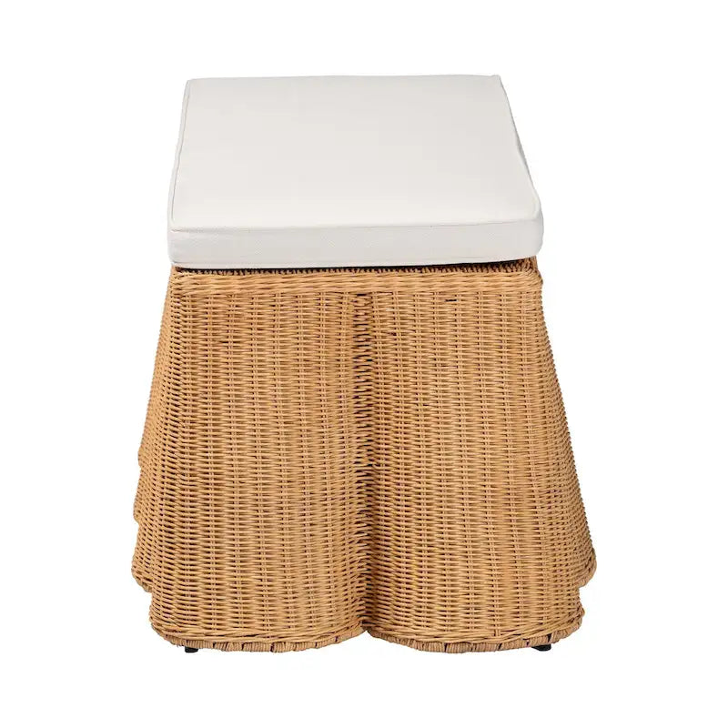 Pouf rectangulaire en rotin naturel Palm Scallop avec coussin - Banc en osier tressé à la main pour salon ou chambre, style bohème bord de mer-4