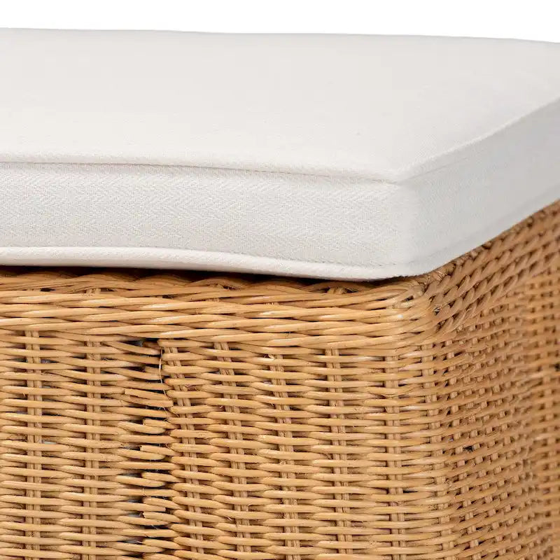 Pouf rectangulaire en rotin naturel Palm Scallop avec coussin - Banc en osier tressé à la main pour salon ou chambre, style bohème bord de mer-5