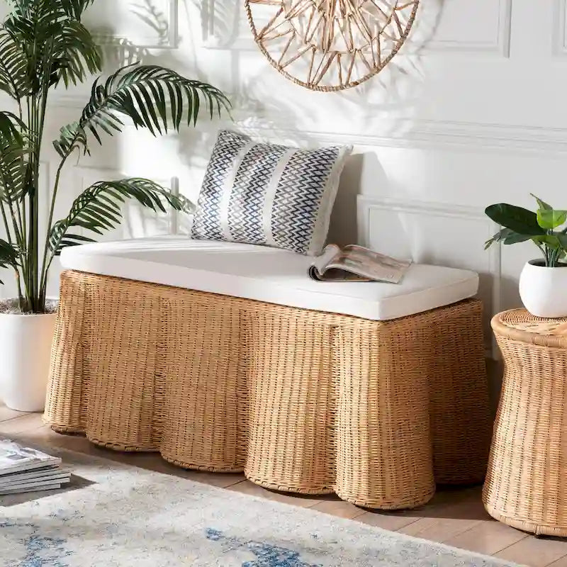 Pouf rectangulaire en rotin naturel Palm Scallop avec coussin - Banc en osier tressé à la main pour salon ou chambre, style bohème bord de mer-8