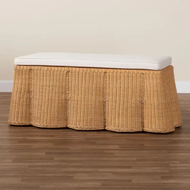 Pouf rectangulaire en rotin naturel Palm Scallop avec coussin - Banc en osier tressé à la main pour salon ou chambre, style bohème bord de mer-9